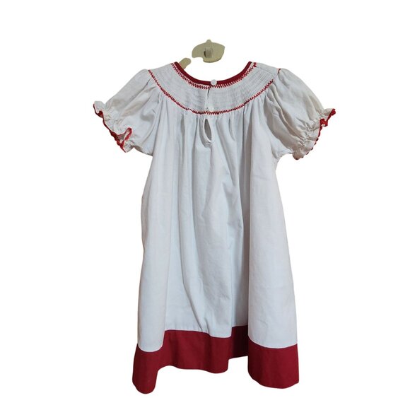 Vintage Girls Smocked Christmas Dress With Santa & Reindeer Embroidery White/Red - Picture 2 of 4